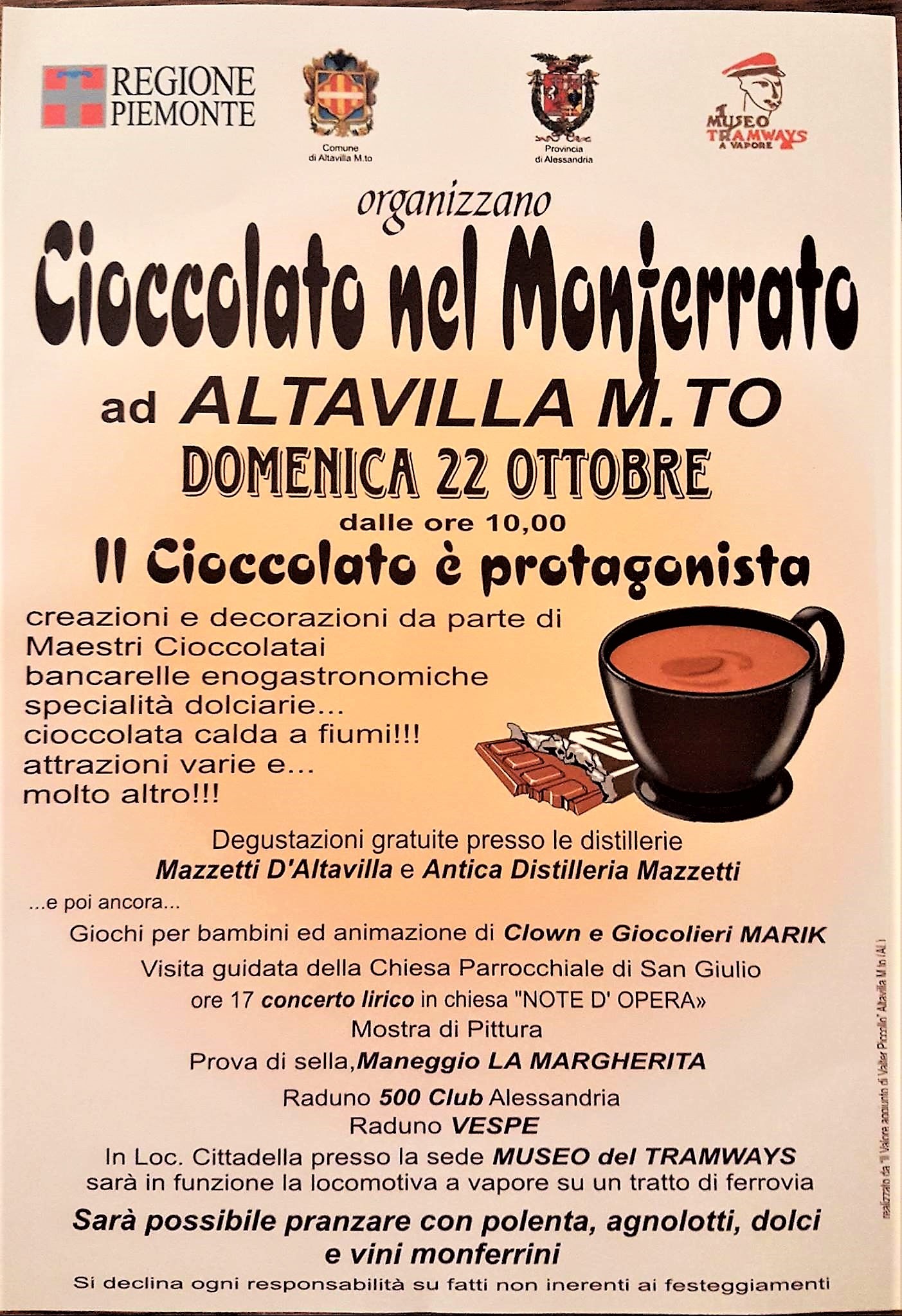 CIOCCOLATO NEL MONFERRATO DOMENICA 22 OTTOBRE AD ALTAVILLA MONFERRATO (AL)