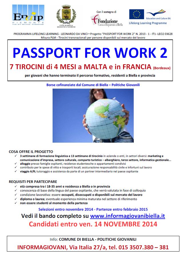 PASSPORT FOR WORK 2 - 7 TIROCINI DI 4 MESI A MALTA ED IN FRANCIA