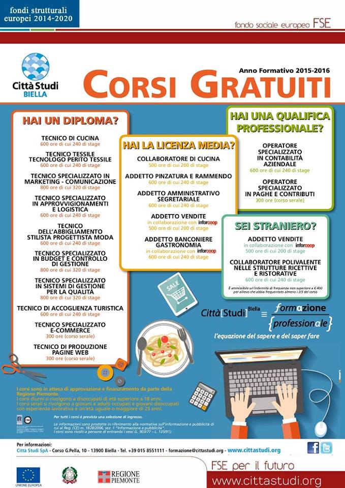 A CITTA' STUDI - BIELLA APERTE LE PREISCRIZIONI AI CORSI GRATUITI DEL MERCATO DEL LAVORO 2015-2016