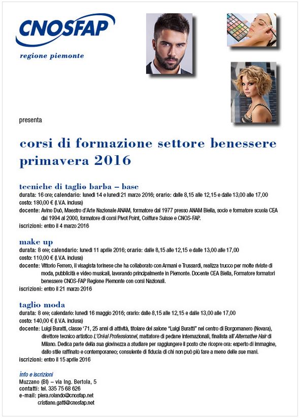 CORSI DI FORMAZIONE SETTORE BENESSERE PRIMAVERA 2016